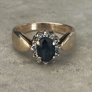 10K Gold Sapphire Halo Ring with Small Diamonds